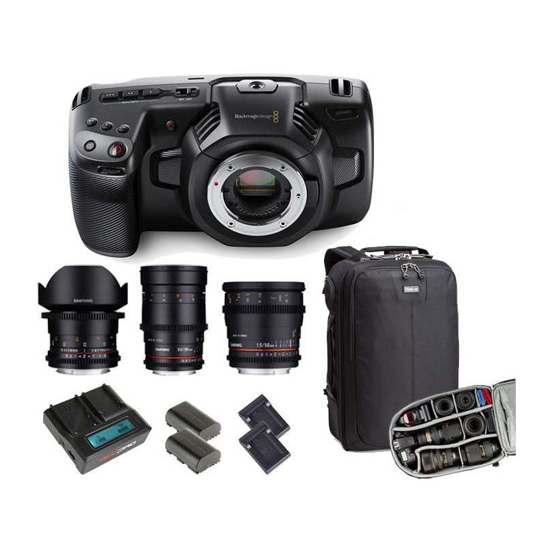 KIT 4 Pocket Cinema Camera 4K Blackmagic + Kit alimentazione Hedbox + 3 Ottiche Samyang Video + Zaino Lowepro