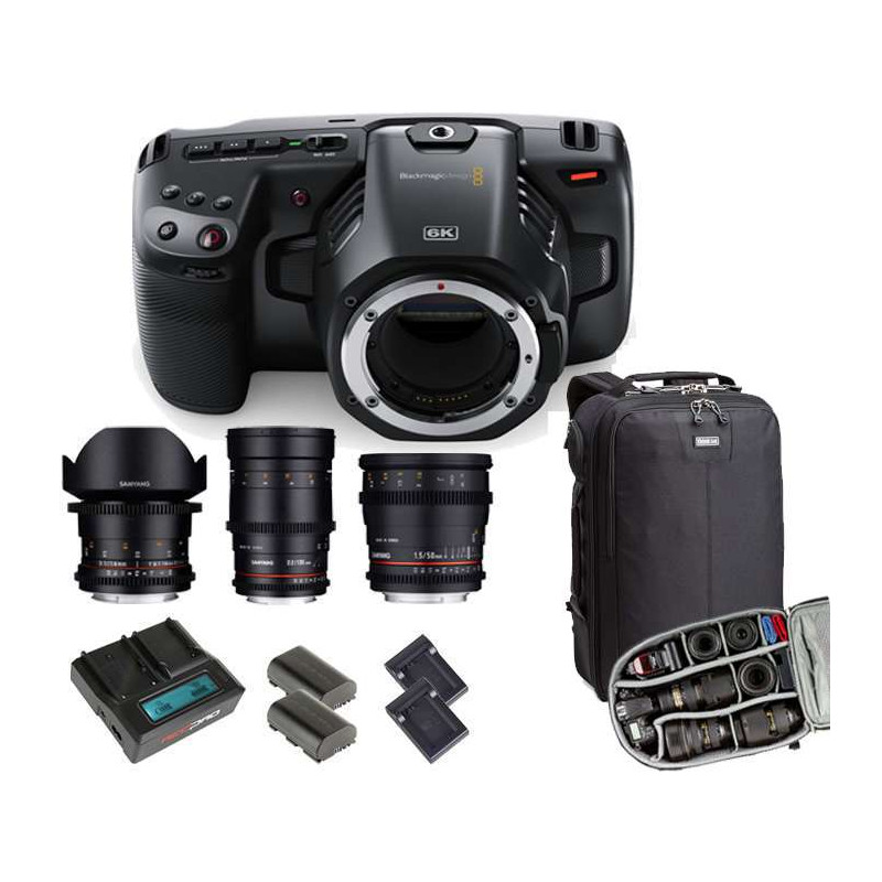 KIT 4 Pocket Cinema Camera 6K Blackmagic + Kit Alimentazione Hedbox + 3 ottiche Samyang Video + Zaino Think Tank