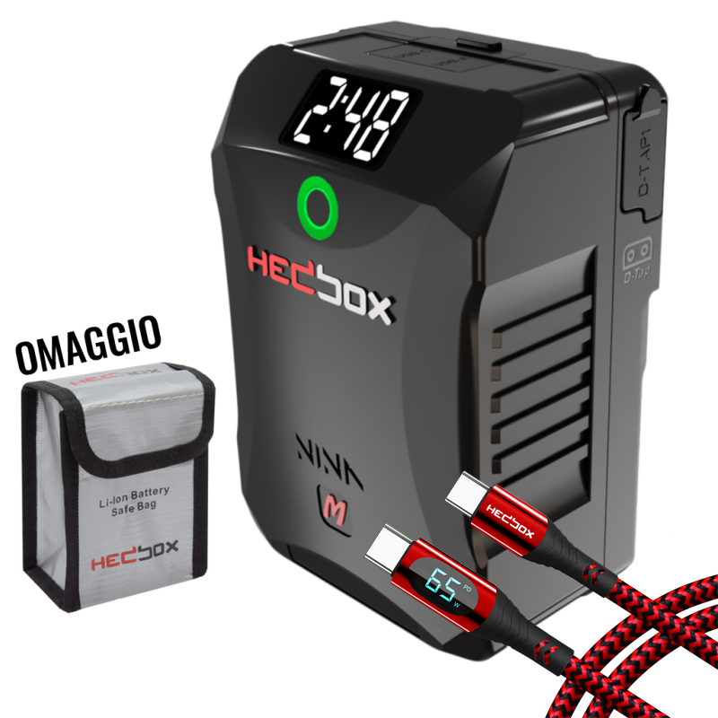 NINA-M HEDBOX, batteria Mini  V-mount 14,8V 6700mAh 95Wh, D-TAP, USB