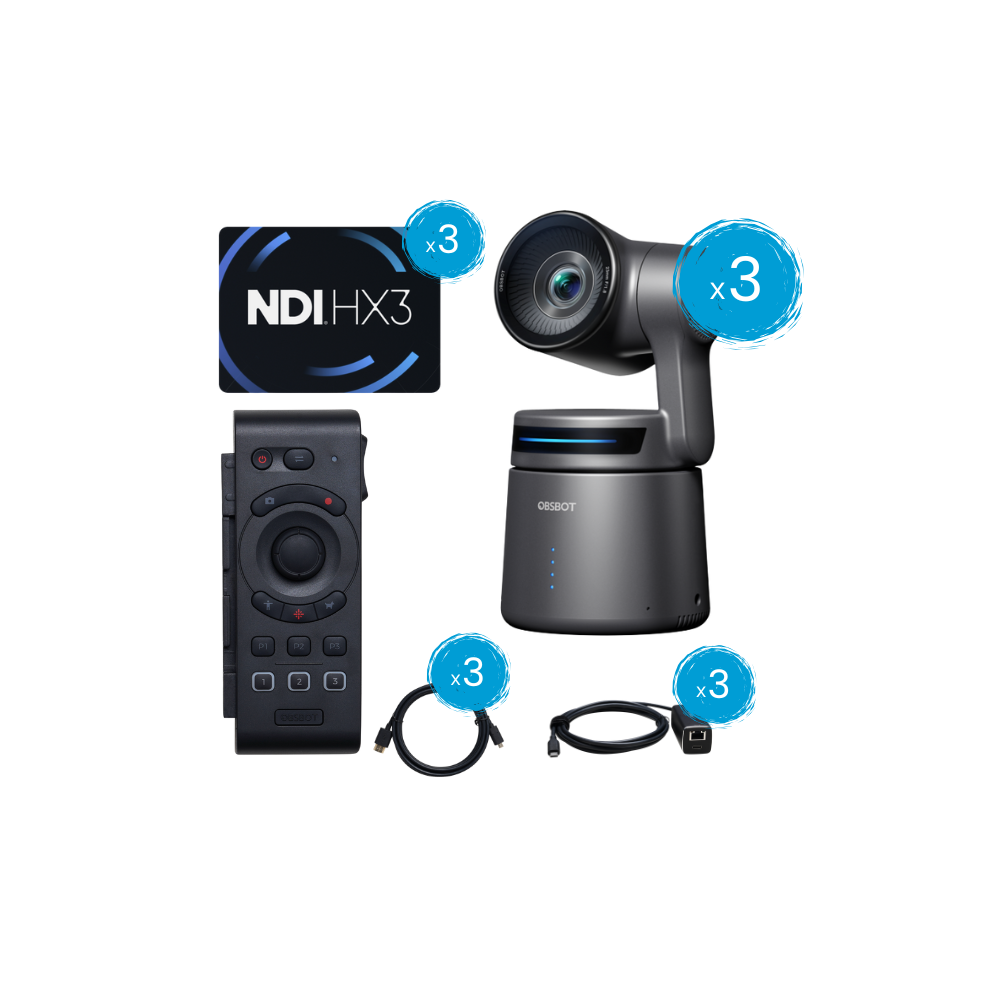 OBSBOT Tail Air Kit: 3 AI-powered 4K PTZ cameras, smart controller, NDI licenses, adapters, and HDMI cables - Manco.it